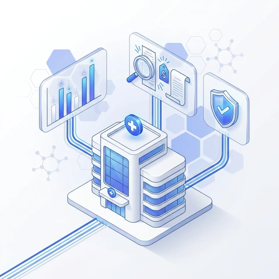 Isometric illustration of a hospital linked to price charts, a magnifier inspecting a receipt, and a verification shield